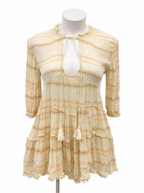 Free People Yellow Striped Gauze Tunic with Tassel Trim